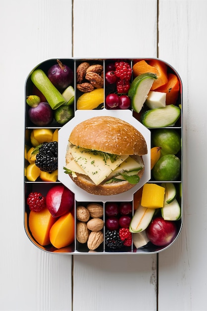 Фото Обеденная коробка для детей со свежими овощами, фруктами, орехами, ягодами и сэндвичем с сыром и травами.