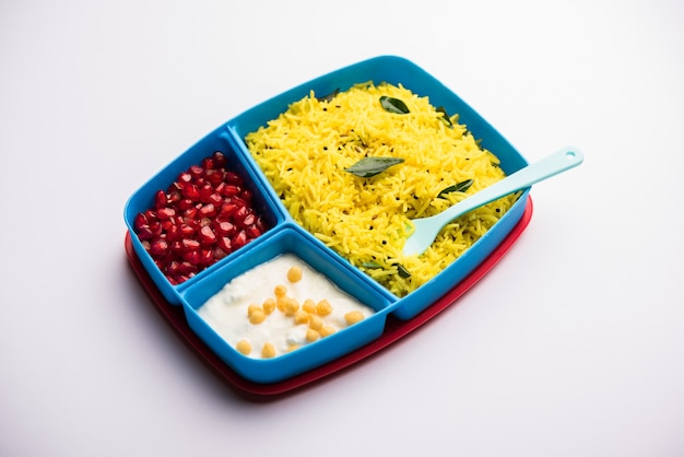 Lunch Box or Tiffin for Indian kids, contains lemon rice, nahi-boondi and pomegranate or Anar. selective focus