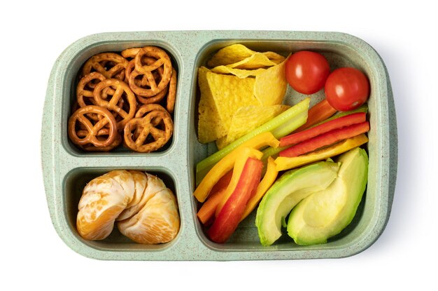 Lunch box with delicious food on a white background