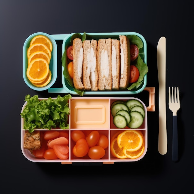 A lunch box with a green container with a sandwich and a fork and knife