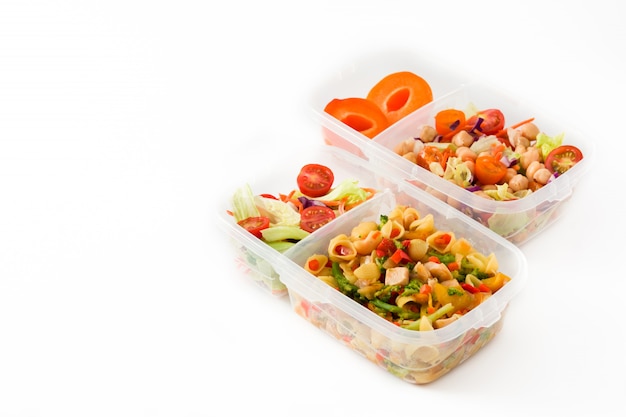 lunch box with healthy food ready to eat isolated on white background