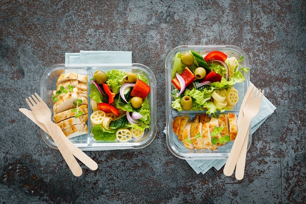 Lunch boxes with grilled chicken breast and pasta salad with\
fresh vegetables top view