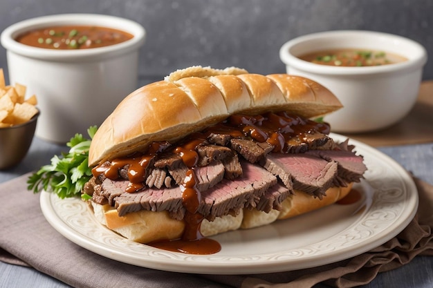 Lunch is served with a loaded roast beef french dip sandwich