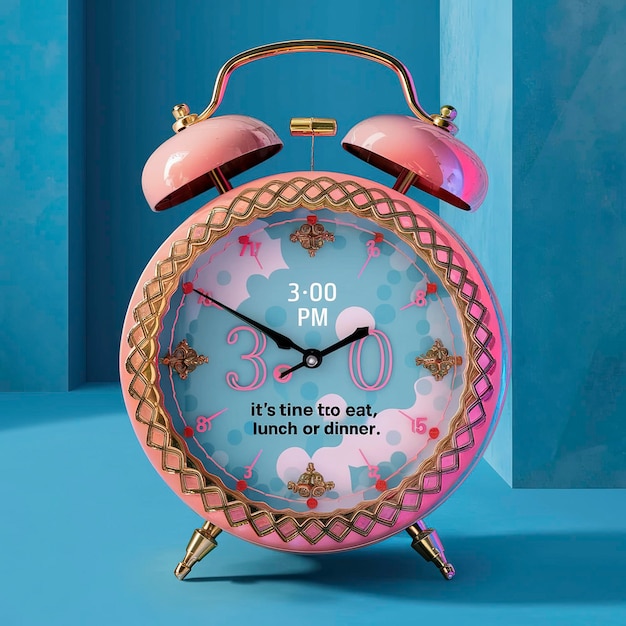 昼食の時間 昼食や夕食を食べる時間です 流行のクラシックな色の背景にピンクのヴィンテージアラーム時計