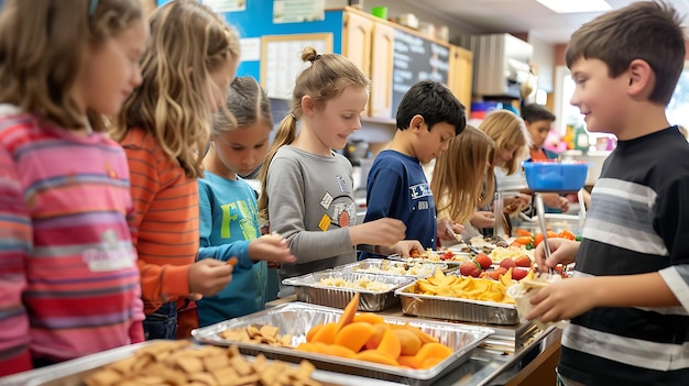 Photo lunch time at the school cafeteria kids are lining up to get their food they are all wearing casual clothes the cafeteria is bright and clean