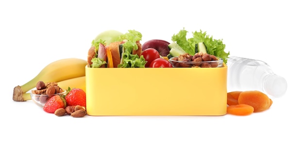 Lunchbox met gezond voedsel voor scholier geïsoleerd op wit