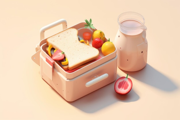 Lunchbox met sandwich en fruit en pot met melkopwekkende AI