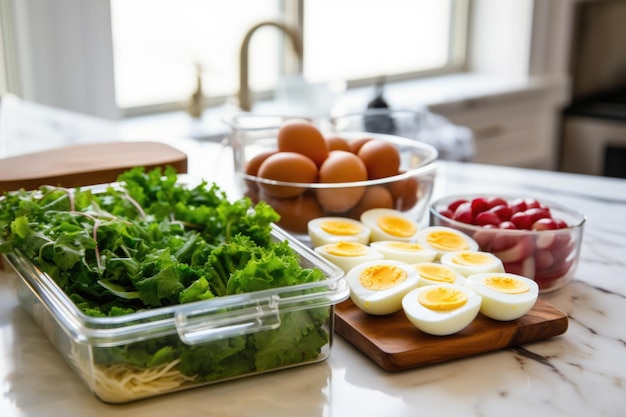 Lunchbox met verdelers voor pasta, gekookte eieren en groenten op het aanrecht