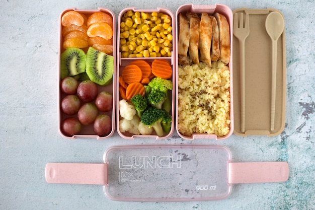 Lunchbox met verse maaltijd bovenaanzicht. Pap, kip, salade, fruit