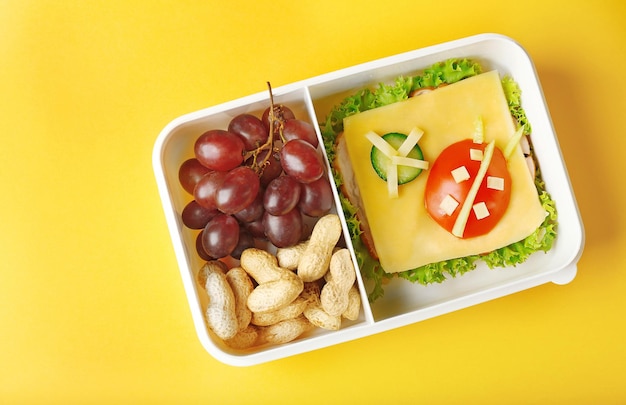 lunchbox with dinner on yellow background