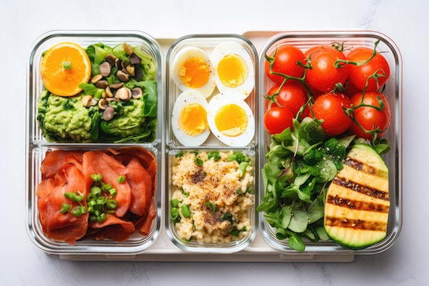 Lunchboxes with delicious food and glass of juice on white background