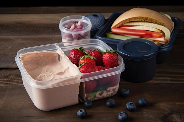 Foto lunchpakket met een broodje eiwitshake en fruit gemaakt met generatieve ai