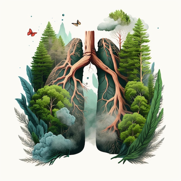 Lung-shaped tree, fresh air concept, trees waterfall, mountain and pine trees artwork. environment.