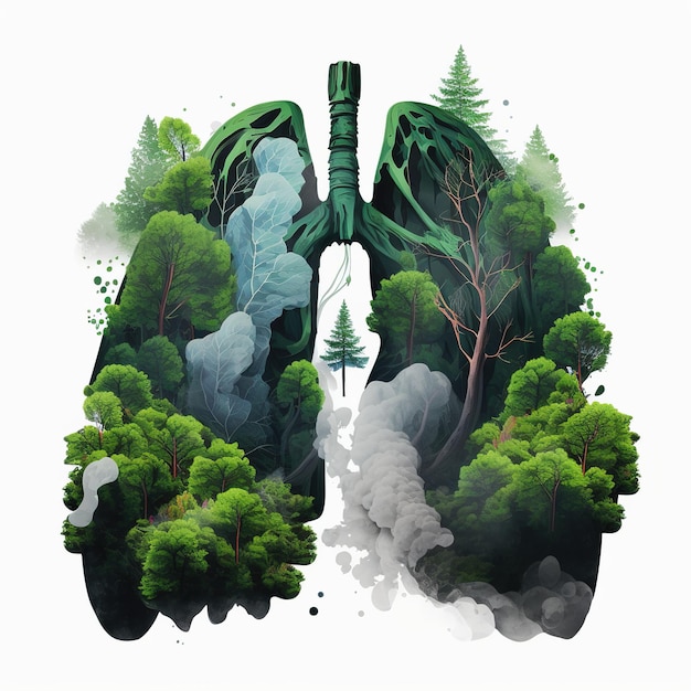 Lung-shaped tree, fresh air concept, trees waterfall, mountain and pine trees artwork. environment.