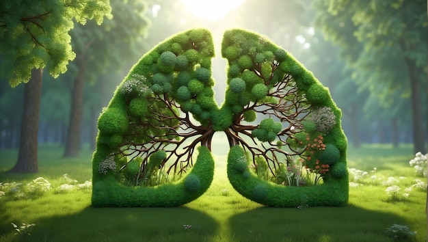 사진 폐는 깨 ⁇ 한 공기와 건강한 호흡의 중요성을 반영하는 녹색 풀과 나무로 구성되어 있습니다.