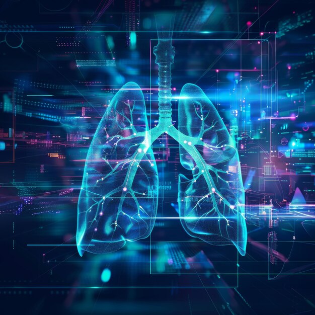 Photo lungs healthcare and technology with d hologram on screen for innovation research or science