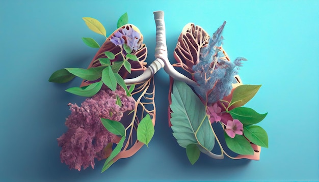 Lungs made of fresh flowers and leafs on light blue background Generative AI