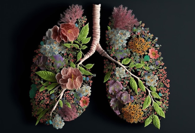 Lungs made from flowers and nature Air pollution concept Generative ai