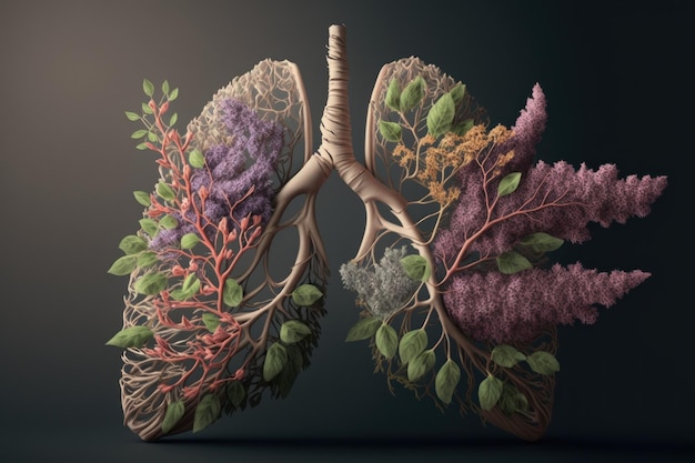 Lungs made from flowers and nature on dark background Generative AI