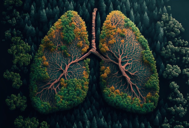 Lungs made from leaves and nature Air pollution concept Generative ai