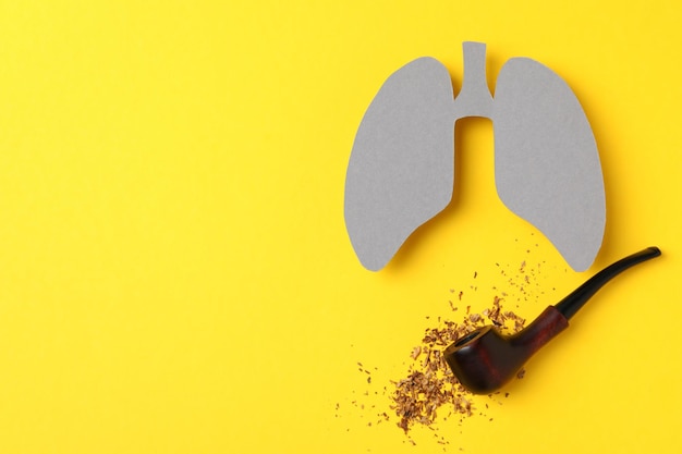 Lungs smoking pipe and tobacco on yellow background space for text