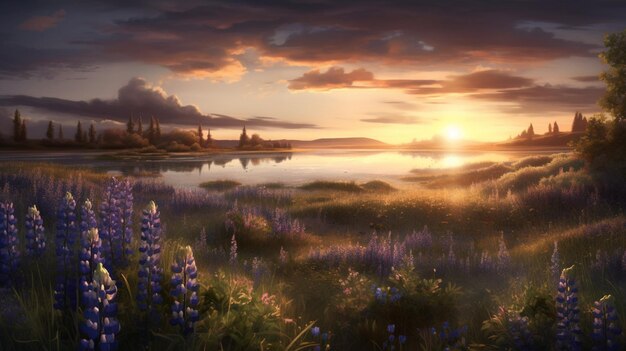 Lupine flowers on the background of the setting sun on the lakegenerative ai