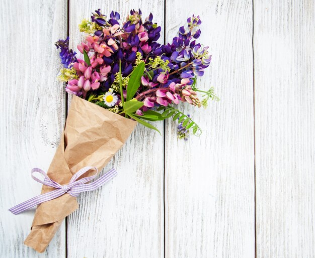 Lupine flowers on a  table