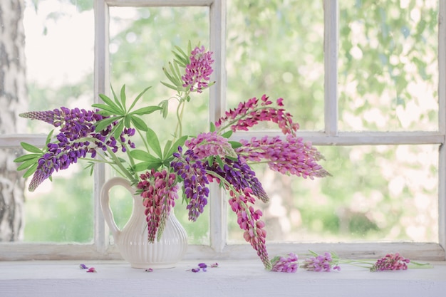 Lupine in jug on windowsill