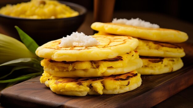 Photo the luruaco egg arepas colombia pancakes with pineapple corn and rice on wooden background