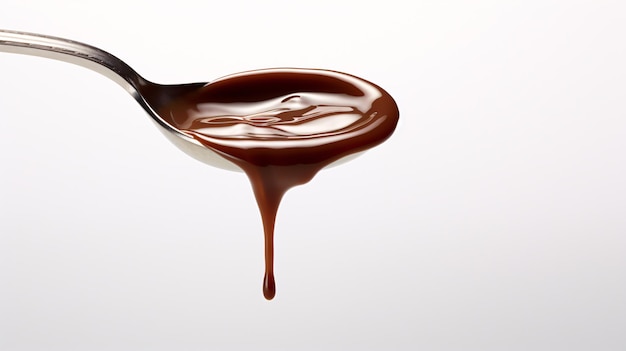 Фото Сочный шоколадный соус капает из серебряной ложки на резком белом фоне