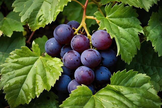 Photo luscious cluster of dark blue grapes on the vine