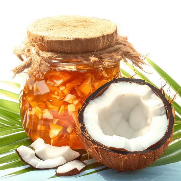 Luscious coconut jam in glass jar with fresh coconut white backdrop Vertical Mobile Wallpaper