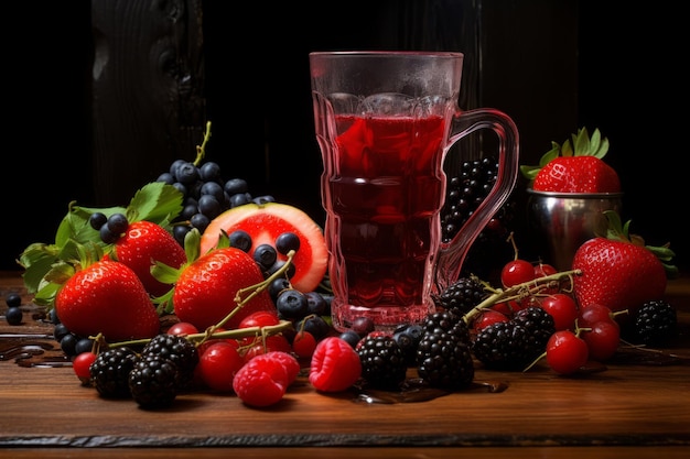 Luscious Detox Vibrant Berries and Cherries in Crystal Glass on Wood Planks