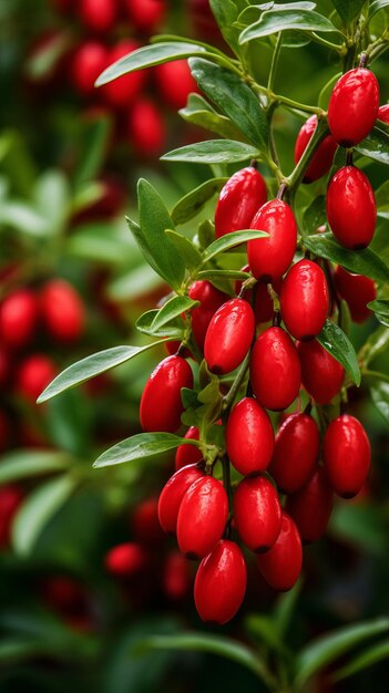 Luscious Red Goji Berries Vibrant CloseUp Amidst Verdant Green Leaves