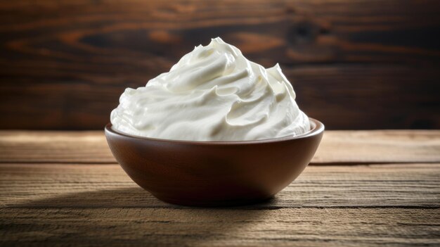 A luscious smooth white cream is showcased in a wooden bowl highlighting its glossy texture and rich consistency