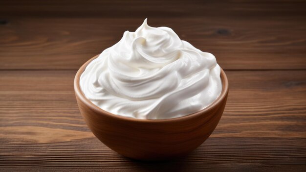 滑らかな白いクリームが木製の鉢に展示され,その光沢のある質感と豊かな一貫性が強調されます.