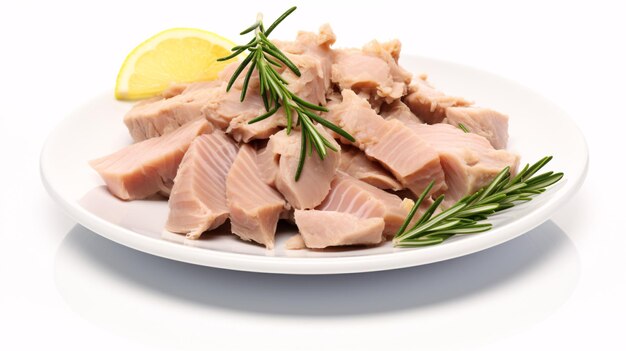 Luscious tuna pieces flavoured with lemon and rosemary presented on a bright white background