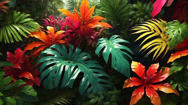 Foto un'immagine 4k lussureggiante che mostra uno sfondo pieno di foglie tropicali vibranti