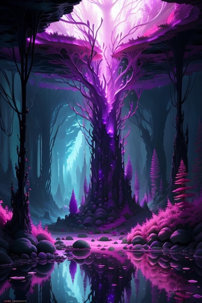 Пышная инопланетная пещера яркие отражения красивая потусторонняя флора красивые инопланетные грибы