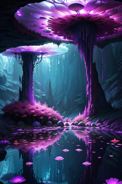 Photo lush alien cave vibrant reflections beautiful otherworldly flora beautiful alien mushrooms