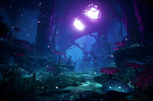 Плодородные инопланетные джунгли с биолюминесцентной флорой, где игроки перемещаются по густой растительности.
