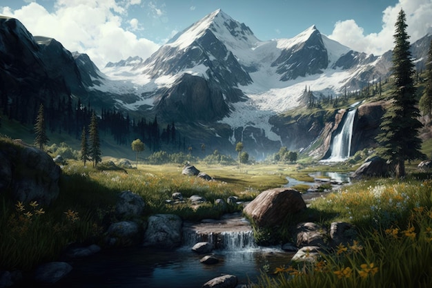 Lush alpine meadow with snowcapped mountains in the background and a waterfall in the distance