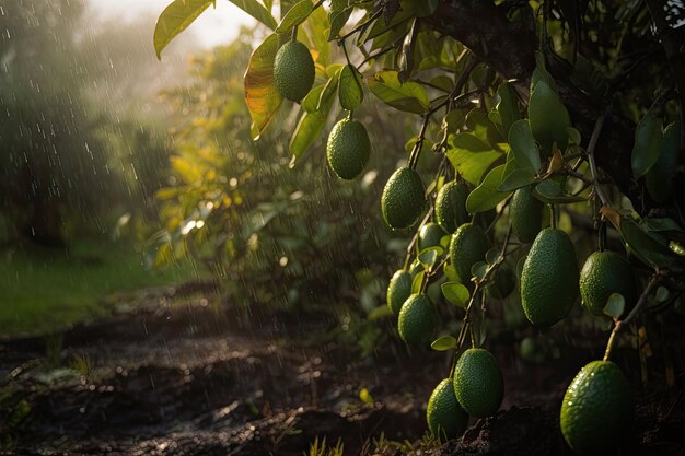 Lush avocado tree laden with ripe fruit generative IA