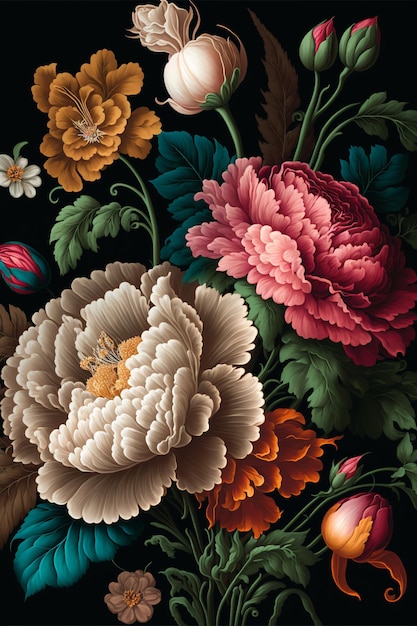 Lush beautiful bouquet of flowers on a dark background baroque style