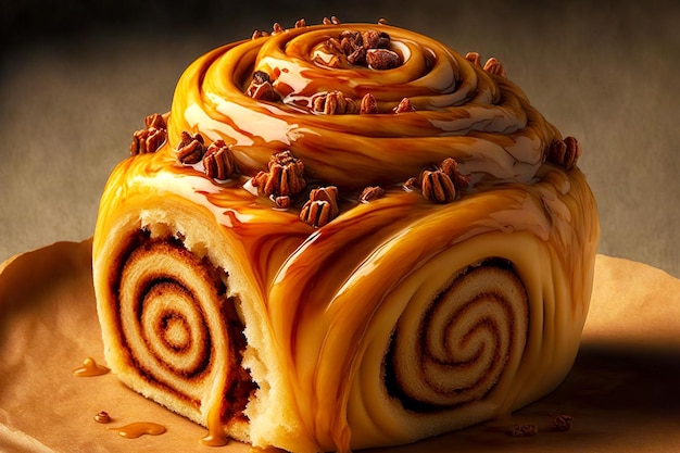 Lush beige brown cinnamon buns with layer of caramel fruit filling