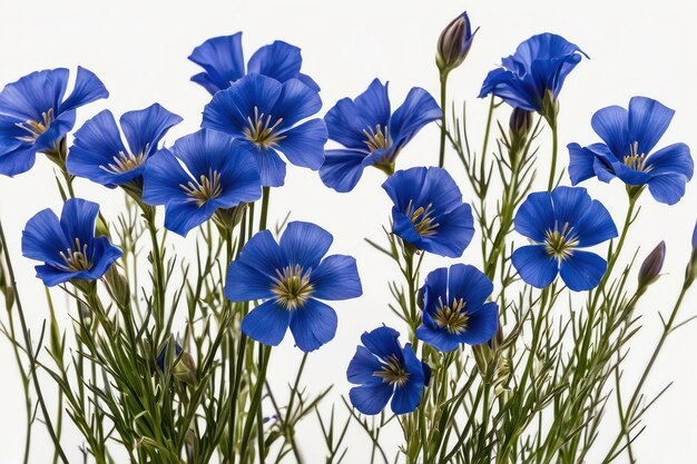 Lush blue flax flowers on white background