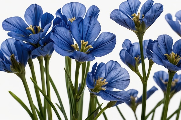 Lush blue flax flowers on white background