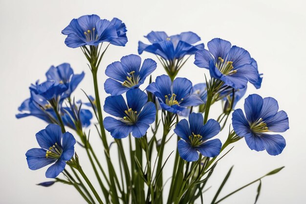 Lush blue flax flowers on white background