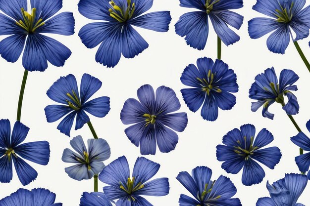 Lush blue flax flowers on white background