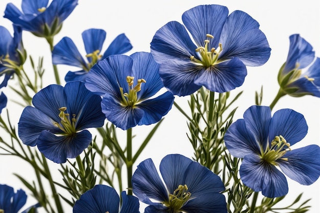 Lush blue flax flowers on white background